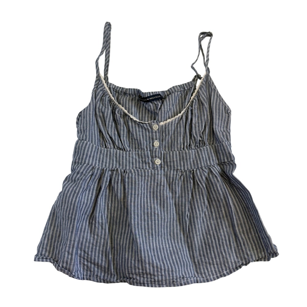 Brandy Melville Blue Pinstripe Linen Blend Babydoll Cami Top One Size